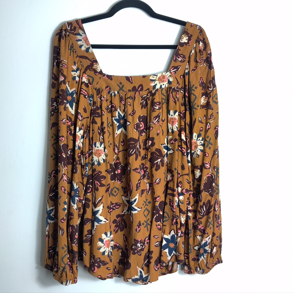 Sonoma Square Neckline Mustard Yellow Floral Long Sleeve Rayon Blouse Size 1x — image 2 of 8